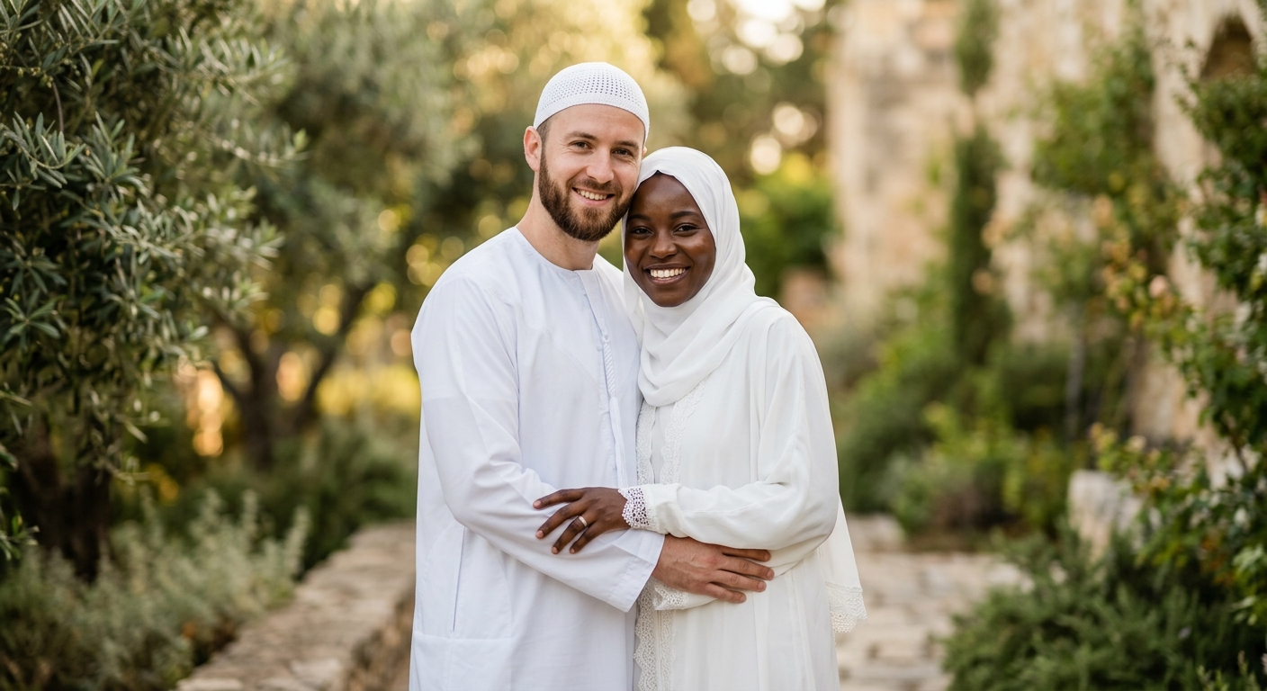 A joyful Muslim couple — embodying love, mercy and tranquility in marriage